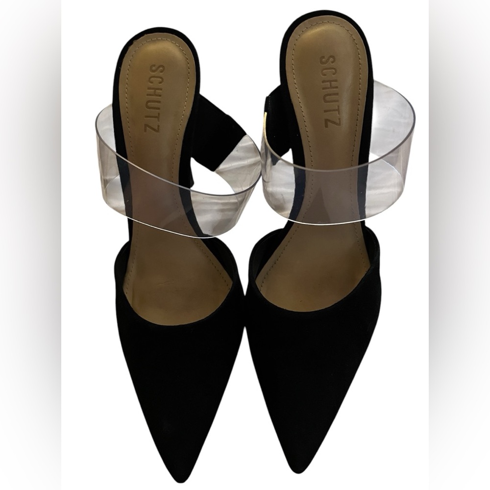 Schutz Sz 8B Sionne Black Suede Vinyl Strap Pointed Toe Slip On High Heel Pumps